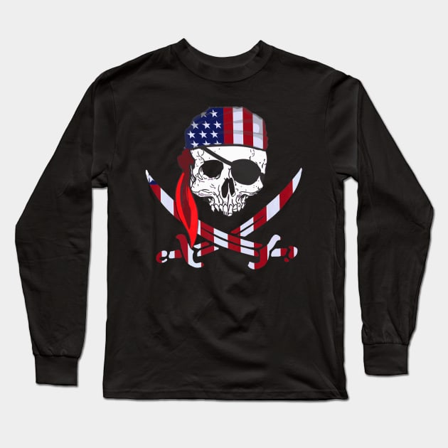 Skull American Pirate Skeleton Long Sleeve T-Shirt by SkullGrungeSHOP